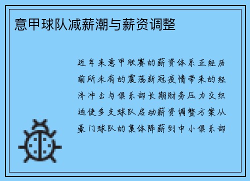 意甲球队减薪潮与薪资调整