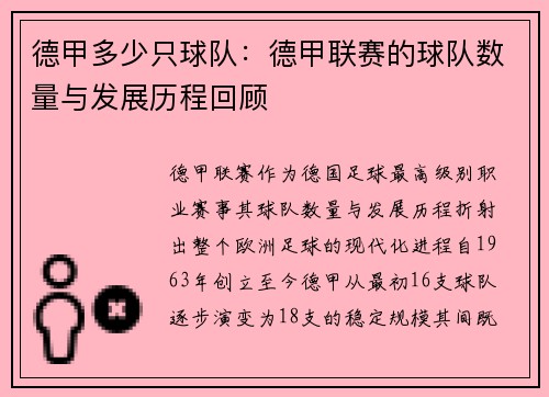 德甲多少只球队：德甲联赛的球队数量与发展历程回顾