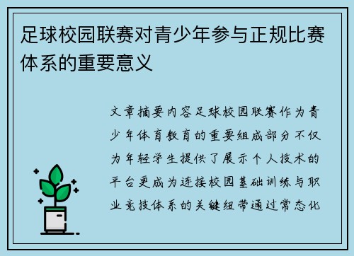 足球校园联赛对青少年参与正规比赛体系的重要意义